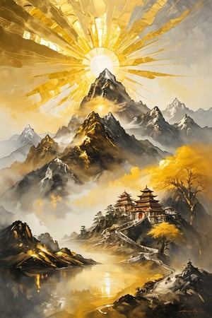 Sun, spring morning, golden mountain built with money, gold, silver, and jewels