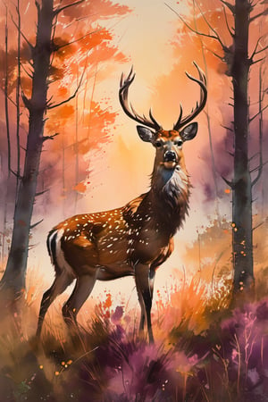 A serene forest glade at dusk. A majestic deer, its fur a warm blend of peach and plum hues, grazes peacefully amidst the lush underbrush. The soft golden light of the setting sun filters through the trees, casting long shadows across the forest floor. The deer's gentle pose is captured in a framing shot from slightly above, with the surrounding foliage subtly blurred to emphasize its majestic form.