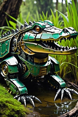 robot crocodile, metal, swampland

