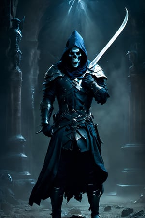 (8K, original, highest quality, famous photo: 1.2), (current, real photo: 1.3), ((3D lighting, aura)), 
solo, holding, weapon, hood, holding weapon, torn clothes, traditional media, cross, cloak, hood up, skull, scythe, riding, hooded cloak, horse, horseback riding