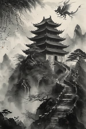 A monochromatic depiction of an ancient Chinese temple, surrounded by a sprawling tree with gnarled branches. A majestic Eastern dragon, its scales glistening in shades of grey, wraps around the structure's columns. Chinese characters, rendered in elegant greyscale calligraphy, adorn the walls as the dragon's wispy tail disappears into the misty atmosphere.