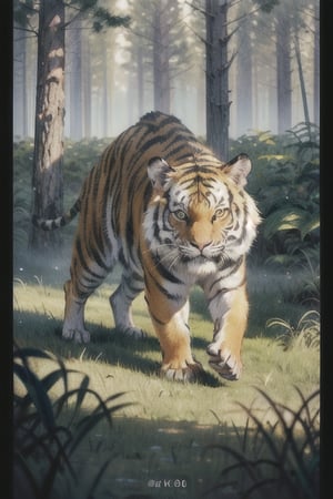 (8K, original, highest quality, famous photo: 1.2), (current, real photo: 1.3), (clear focus on chest), ((3D lighting, aura)), perfect lighting, details,, outdoors, no humans, animal, traditional media, grass, nature, forest, realistic, animal focus, tiger,post-Impressionist,perfect light