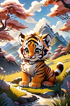 (8K, original, highest quality, famous photo: 1.2), (current, real photo: 1.3), (clear focus on chest), ((3D lighting, aura)),Spring,Sunlight,Plants,Mountains and fields,Baby tiger,Mother tiger,Friendship,Safety,Forest,Exploration,Laughter,Protection,Adorable,Memories,chinese ink drawing,Xxmix_Catecat,mythical clouds