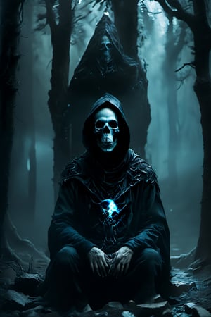 (8K, original, highest quality, famous photo: 1.2), (current, real photo: 1.3), ((3D lighting, aura)), 

solo, 1boy, sitting, outdoors, hood, water, tree, no humans, nature, scenery, cloak, forest, skull, skeleton, bare tree,more detail XL,CharcoalDarkStyle