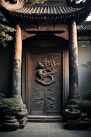 A majestic Chinese-style temple's intricately carved wooden doors slide open to reveal a serene courtyard, bathed in soft, warm light. A sturdy East Asian-inspired tree stands tall, its gnarled branches stretching towards the cloudy sky like nature's own ancient dragon. Ancient Chinese characters adorn the walls, whispering secrets of a bygone era, as the mythical eastern dragon's scales glint softly in shades of grey, blending seamlessly with the monochrome surroundings.