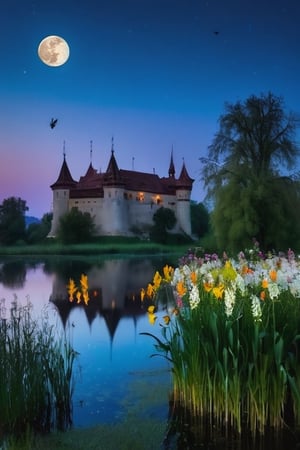 Evening, Romanian castle, blooming pond, bright moon, bats, dreary trees and flowers, dead reeds,