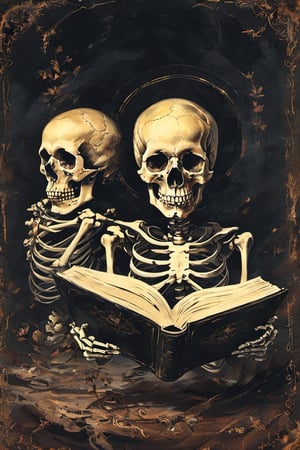 holding, multiple boys, book, no humans, holding book, skull, open book, reading, skeleton, bone