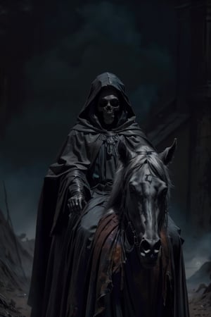 black hair, weapon, male focus, multiple boys, hood, cloak, skull, riding, horse, skeleton, horseback riding,nodf_lora,monochrome,Dorothy,Dark fantasy v2,The_Painter