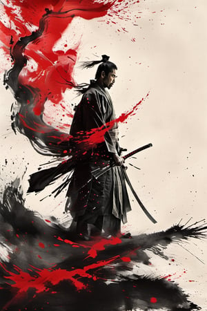 A lone figure stands tall on a serene white backdrop, cloaked in traditional Japanese attire. From the back, his katana glints in the soft light as he holds it at the ready. A vibrant red scarf flows dramatically down his back, contrasting with the solemnity of the scene. The surrounding tree serves as a subtle framing device, drawing attention to the mysterious warrior's imposing stance and majestic hakama.