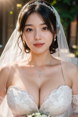 (8K, original photo, highest quality, masterpiece: 1.2), (current, realistic: 1.3), (sharp focus on chest), ((3D lighting, aura)), outdoor wedding hall, colorful and vivid wedding dress, veil, gloves , shoes, ring, colorful necklace, 1 girl, long to medium black hair, chubby girl, big breasts, big buttocks, narrow waist, thick thighs, apple hips, bouquet, holding a bouquet, front view, top view, carpet, perfect lighting , perfect light, clarity, wedding,