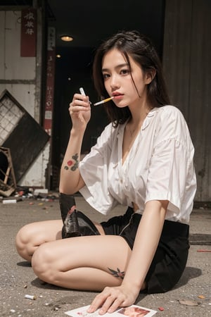 Selected the most beautiful women in the world, Japanese gangster fashion, perfect light, Asian girl, frontal view. Junkyard, cigarettes, alcohol, bonds, floors, roads, tattoos,
Sashimi knife, pistol, cigarette,