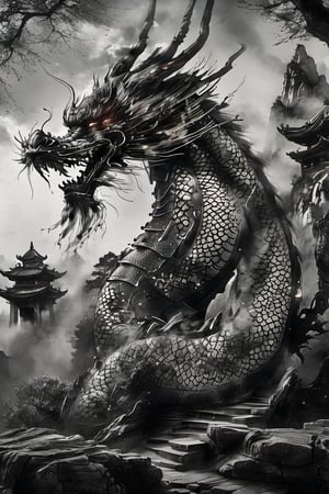 A majestic eastern dragon wraps itself around the ancient trunk of a gnarled tree, its scales glistening in monochrome shades of grey. Chinese characters etched into the stone pillars of an ornate pagoda whisper secrets to the wind, as the dragon's fiery breath illuminates the intricately carved wooden doors and the serene courtyard beyond.