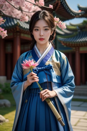 (8K, original, highest quality, famous photo: 1.2), (current, real photo: 1.3), ((3D lighting, aura)),

Blue eyes, 1girl, holding, weapon, female focus, cherry blossom hanbok, flower bouquet, shoulder cloak, sheath, cherry blossom, spring, bamboo, lotus flower, architecture, East Asian architecture, Joseon tile house