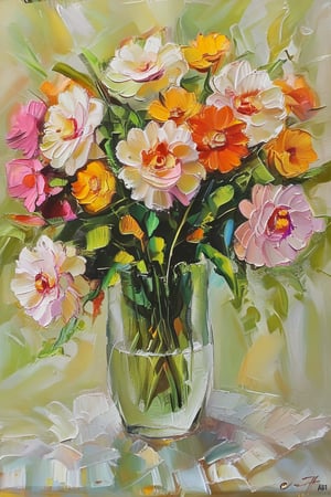 "Create an oil painting of a beautifully arranged flower bouquet placed in a clear, ribbed glass vase on a marble table. The bouquet includes white roses, vibrant pink and orange gerbera daisies, soft peach-colored ranunculus, and small yellow blossoms with lush green foliage. The background is simple and soft, featuring a light-colored wall, allowing the focus to remain on the flowers. The lighting is gentle and natural, with subtle shadows and highlights that give the flowers and vase a realistic texture and depth. The overall mood is elegant and calm, with an emphasis on the delicate details of the flowers and the texture of the marble table."