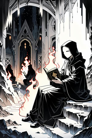 A dark room lit only by the flickering flames of a fire in a cold ice cave full of chills. A figure with a hood over his face sits surrounded by shadows. Dressed in long black robes, they hold open books illuminated by the warm light of the fire. The air was filled with mystery as I read the ancient book. The monk was perched next to them like a fearsome bookmark. 
grayscale
