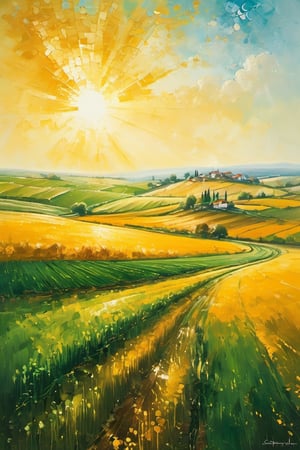 Golden fields stretching as far as the eye can see under a warm, radiant sunlight. A vast expanse of farmland unfolds, with a subtle gradient of green hues from the lush crops. Amidst this idyllic scene, glints of gold and silver treasures sparkle on the sun-kissed earth, inviting discovery.