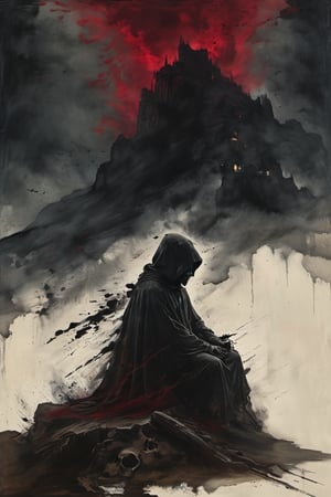 A lone figure cloaked in darkness, a young boy sits amidst a somber atmosphere. His head is shrouded by a hood, as if hiding from the eerie scene unfolding around him. A crimson-stained cloud hovers above, casting an ominous glow on the crucifixion-style cross behind him. The boy's gaze is fixed on a skull held in his hand, its bony structure illuminated by the faint light. In the distance, a skeletal figure stands watch, their presence a haunting reminder of mortality.