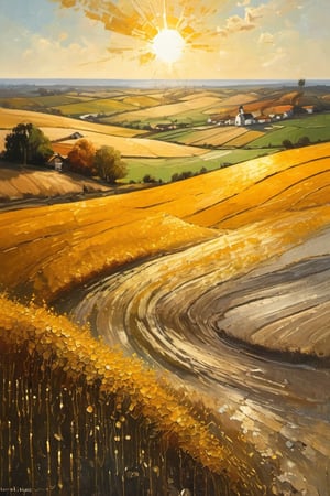 Sun, large farmland, large land, warm sunlight, gold and silver treasures on the ground