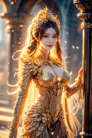 (8K, original photo, highest quality, masterpiece: 1.2), (current, realistic: 1.3), (sharp focus on chest), ((3D lighting, aura, bright rays, bright color reflection,)), classic and brilliant beauty A gorgeous golden goddess radiating . Wearing a golden dress, she reveals her opulence with abundant elegance. Her serene golden locks flow gracefully, complementing her glorious smile. Her eyes sparkle gold, as if radiating light wherever she looks. The elegantly loose hairstyle exudes a sophisticated charm that seems to be dancing in the wind. In her hands she holds a golden holder decorated with flowers, surrounded by vibrant flowers and butterflies. The area around the goddess shines in gold, naturally creating a fantastic play of light and shadow. Sunlight surrounds her, creating a fascinating interplay of light and shadow. The appearance of the goddess exudes a serene yet majestic atmosphere. Even in fantastic scenes, she solidifies her presence as a golden goddess and captures attention.,1 girl,ghostrider,little_cute_girl,xuer Gold,glowing gold