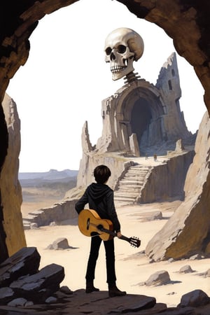 
Solo, 1 boy, standing, outdoors, from behind, scenery, 1 guitar, ruins, skull cave