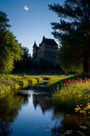 Evening, Romanian castle, blooming pond, bright moon, bats, dreary trees and flowers, dead reeds,