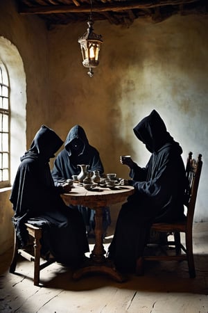 A hauntingly serene scene unfolds: a hooded figure sits on a worn wooden chair, surrounded by the trappings of a mysterious ritual. Two boys, their faces obscured by hoods, sit attentively before a table adorned with a teacup, plate, and saucer. A candle's soft glow casts an eerie light on the pair's solemn expressions as they gaze upon a skull displayed on a nearby pedestal, while a traditional media piece in the background adds to the sense of foreboding.