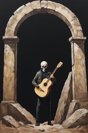 
Solo, 1 boy, standing, outdoors, from behind, scenery, 1 guitar, ruins, skull cave