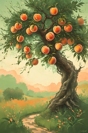 A whimsical illustration of a lush peach tree stands tall against a warm sunny background, its gnarled branches stretching towards the sky like nature's own sculpture. Plump peaches ripen on the limbs, casting gentle shadows onto the soft green leaves below.