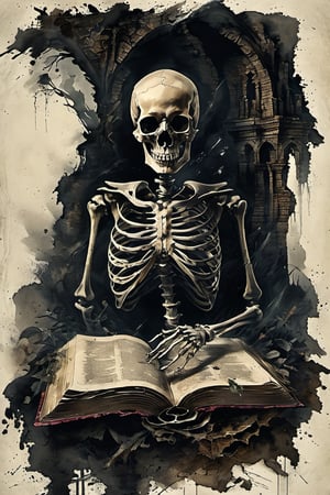 A hauntingly beautiful scene unfolds: In a dimly lit, eerie chamber, a bony skeleton sits amidst crumbling stone walls. Its skeletal hands grasp an open book, the pages fluttering as if being read by unseen forces. The skull's empty sockets seem to gaze intently at the ancient text, while multiple boys' bones are scattered around, a macabre testament to a forgotten history.