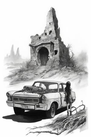 
Solo, 1 girl, standing, outdoors, from behind, scenery, machine gun, ruins, skull cave, whirlwind, whirlwind, dust, flying vines, dried up waterway, broken down car, black and white background