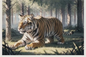 (8K, original, highest quality, famous photo: 1.2), (current, real photo: 1.3), (clear focus on chest), ((3D lighting, aura)), perfect lighting, details,, outdoors, no humans, animal, traditional media, grass, nature, forest, realistic, animal focus, tiger,post-Impressionist,perfect light