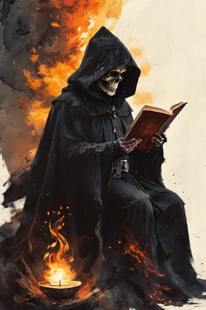 solo, 1boy, holding, sitting, male focus, indoors, hood, book, fire, cloak, hood up, holding book, skull, open book, reading, candle, hooded cloak, black cloak, candlestand