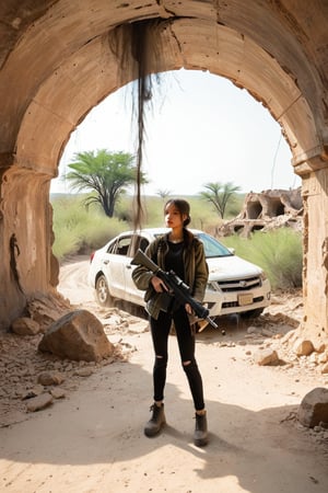 
Solo, 1 girl, standing, outdoors, in front, scenery, machine gun, ruins, skull cave, whirlwind, whirlwind, dust, flying vines, dried up waterway, broken down car