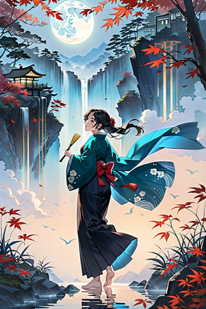 A serene scene unfolds: a lone girl, adorned in traditional Japanese attire and hakama pants, stands tall amidst the gentle rustle of leaves. Her long black hair flows behind her like a dark waterfall as she holds a delicate fan to shield herself from the soft breeze carrying the whispers of falling maple leaves. The moon casts an ethereal glow above, illuminating the tree's branches that seem to sway in harmony with her movements.