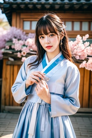 (8K, original, highest quality, famous photo: 1.2), (current, real photo: 1.3), ((3D lighting, aura)),

Blue eyes, 1girl, holding, weapon, female focus, cherry blossom hanbok, flower bouquet, shoulder cloak, sheath, cherry blossom, spring, bamboo, lotus flower, architecture, East Asian architecture, Joseon tile house,Hanbok