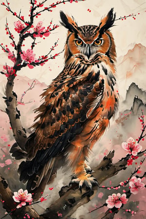 Eagle owl, plum blossom, peach tree