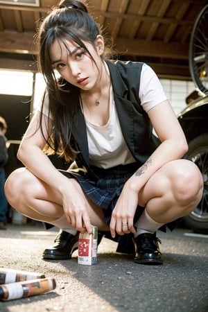 We selected the most beautiful woman in the world, Japanese gangster fashion, perfect light, Asian girl, frontal view. Junkyard, cigarettes, alcohol, bond, floor, road,  tattoo, ,obese, japanese school uniform