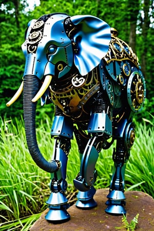 robot elephant, metal, swampland

