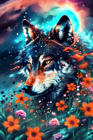 flower, sky, no humans, glowing, animal, glowing eyes, wolf, fox