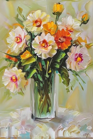 "Create an oil painting of a beautifully arranged flower bouquet placed in a clear, ribbed glass vase on a marble table. The bouquet includes white roses, vibrant pink and orange gerbera daisies, soft peach-colored ranunculus, and small yellow blossoms with lush green foliage. The background is simple and soft, featuring a light-colored wall, allowing the focus to remain on the flowers. The lighting is gentle and natural, with subtle shadows and highlights that give the flowers and vase a realistic texture and depth. The overall mood is elegant and calm, with an emphasis on the delicate details of the flowers and the texture of the marble table."