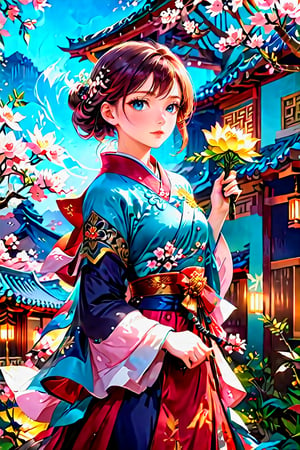 (8K, original, highest quality, famous photo: 1.2), (current, real photo: 1.3), ((3D lighting, aura)), Blue eyes, 1girl, holding, weapon, female focus, cherry blossom hanbok, flower bouquet, shoulder cloak, sheath, cherry blossom, spring, bamboo, lotus flower, architecture, East Asian architecture, Joseon tile house