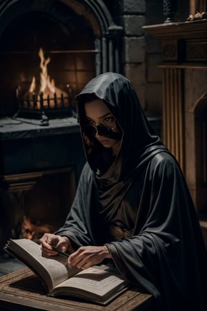 A darkened chamber, lit only by the flickering flames of a crackling fire. A figure sits, hood drawn over their face, surrounded by the shadows. Clad in a long, black robe, they hold an open book, illuminated by the fire's warm glow. The air is thick with mystery as they read from the ancient tome, a human skull nestled beside them like a macabre bookmark. 
Gray-scale