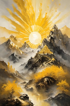 Sun, spring morning, golden mountain built with money, gold, silver, and jewels