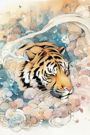 Tiger, color, ink, Chinese ink painting, smoke,pencil drawing