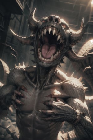 (8K, original, highest quality, famous photo: 1.2), (current, real photo: 1.3), (clear focus on chest), ((3D lighting, aura)), perfect lighting, details,, open mouth, horns, teeth, tongue, no humans, fangs, sharp teeth, claws, monster, dragon, scales, multiple heads