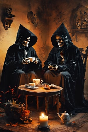 holding, sitting, multiple boys, indoors, hood, 2boys, cup, bird, chair, traditional media, table, cloak, plate, hood up, teacup, skull, robe, spoon, candle, hooded cloak, saucer, skeleton