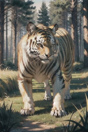 (8K, original, highest quality, famous photo: 1.2), (current, real photo: 1.3), (clear focus on chest), ((3D lighting, aura)), perfect lighting, details,, outdoors, no humans, animal, traditional media, grass, nature, forest, realistic, animal focus, tiger,post-Impressionist,Gold