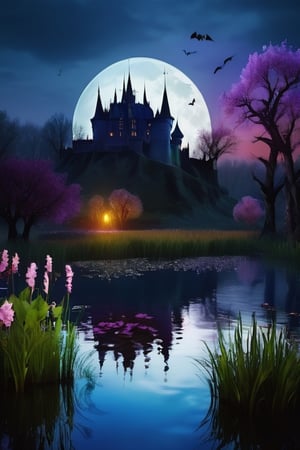 Evening, Romanian castle, blooming pond, bright moon, bats, dreary trees and flowers, dead reeds,Dark Majic,DonMD4rk3lv3sXL