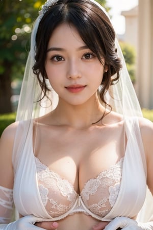 (8K, original photo, highest quality, masterpiece: 1.2), (current, realistic: 1.3), (sharp focus on chest), ((3D lighting, aura)), outdoor wedding hall, veil, gloves, shoes, bra, panties , nude, 1 girl, long to medium black hair, chubby girl, big breasts, big buttocks, narrow waist, high thighs, apple hips, bouquet, holding a bouquet, front view, top view, carpet, perfect lighting, perfect light, clarity,