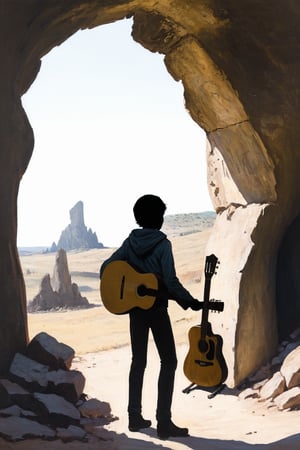 
Solo, 1 boy, standing, outdoors, from behind, scenery, 1 guitar, ruins, skull cave